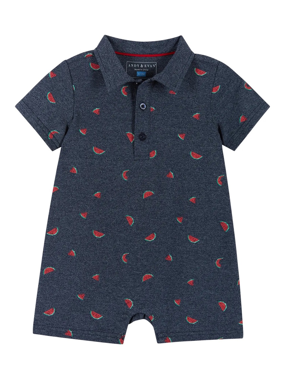 Andy & Evan Navy Polo Romper with Red Watermelon Motif